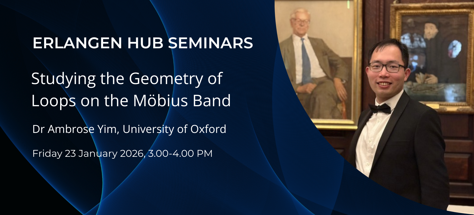 Promotional image for an online hub seminar by PDRA Ambrose Yim titled “Studying the Geometry of Loops on the Möbius Band,” on 23 January.